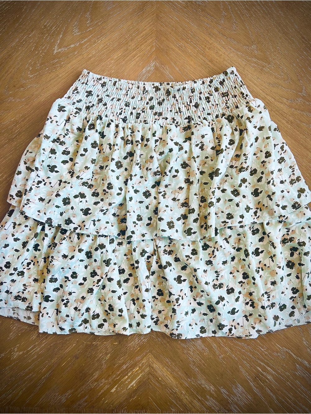 Tiered Smocked Waist Skirt in White with Olive Floral Print